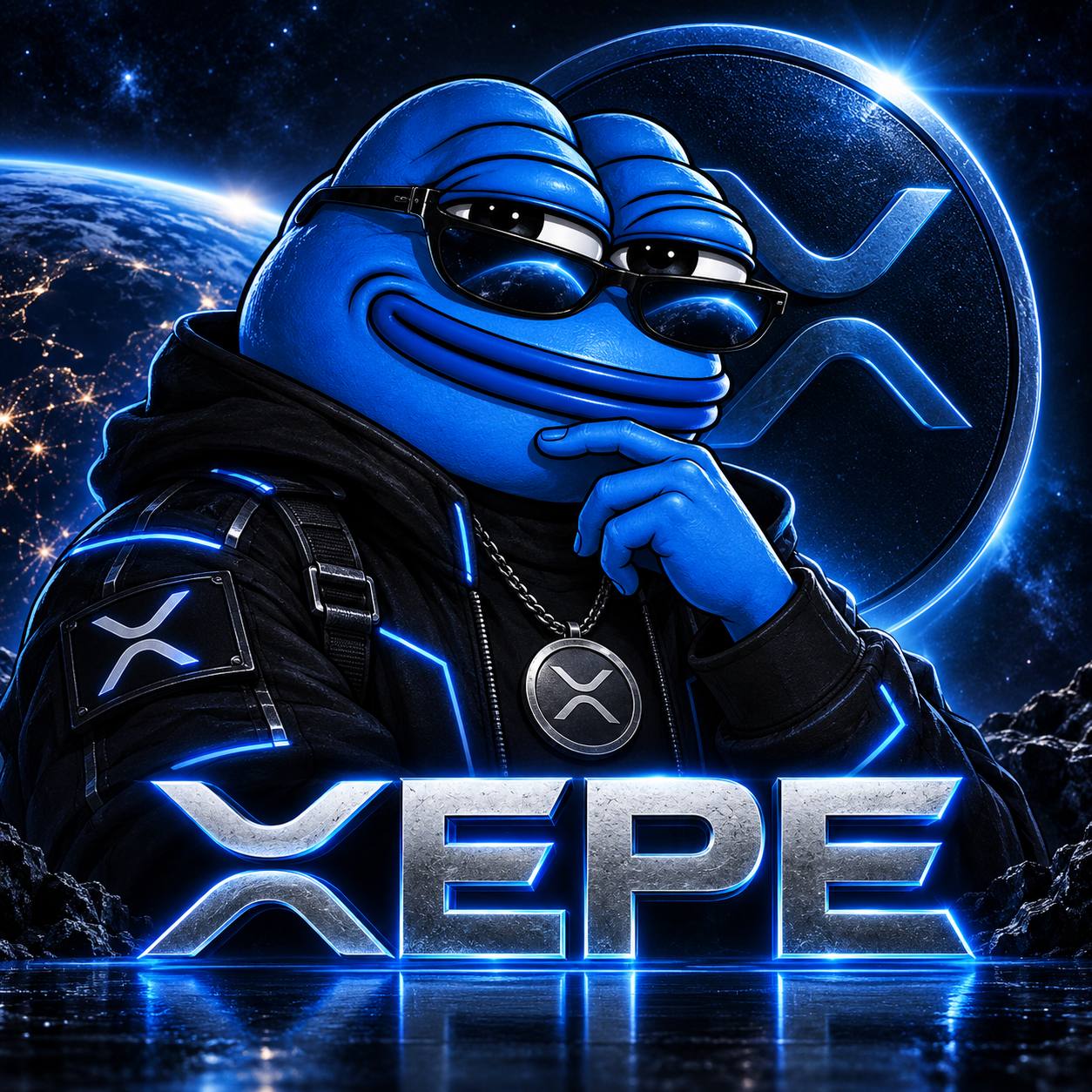 XEPE blue cosmic frog mascot